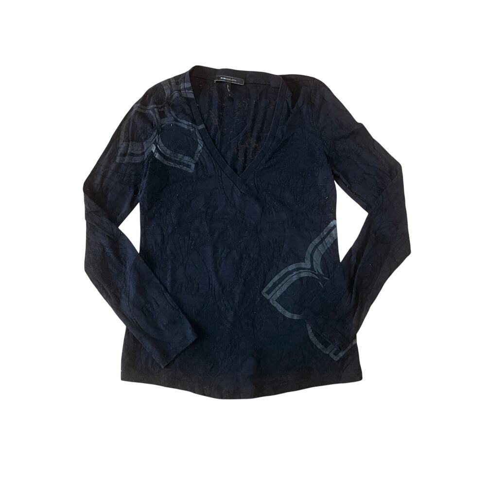 BCBGMAXAZRIA Graphic Burnout V-Neck Long Sleeve Top Black | S